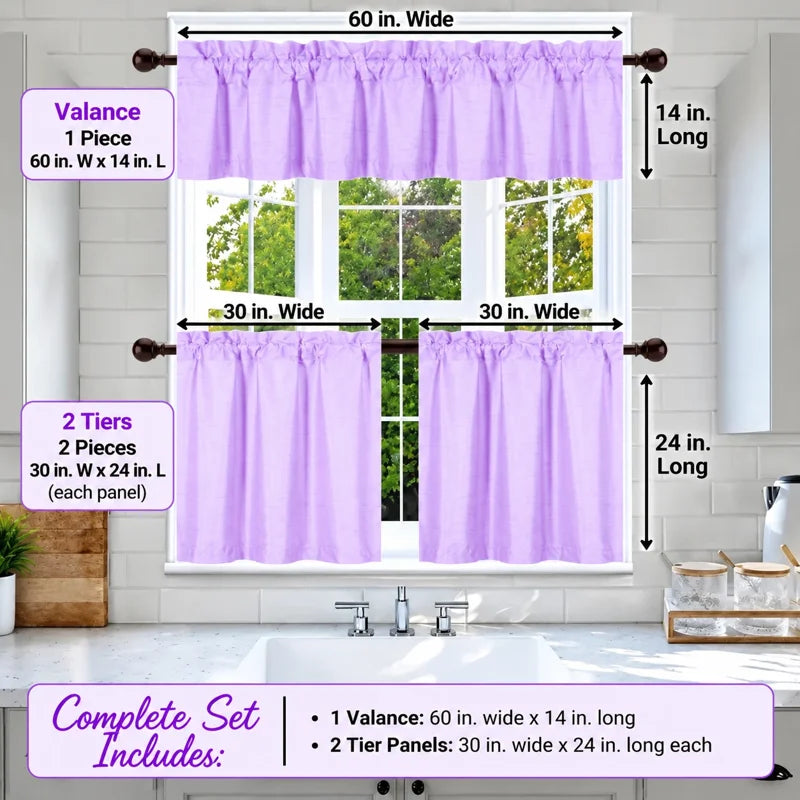 Faux Silk Blackout Kitchen Curtain Set - 3-Piece Window Treatment, Multiple Colors