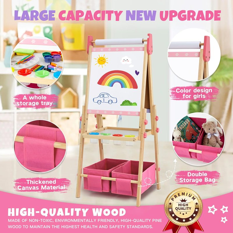 Kids Art Easel with Whiteboard & Chalkboard, Adjustable Wooden Dual-Sided Craft Station