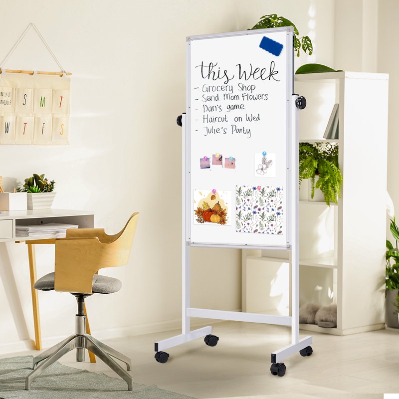 Adjustable Magnetic Whiteboard on Wheels - 48 x 24 Double-Sided Mobile Easel for Office & Classroom