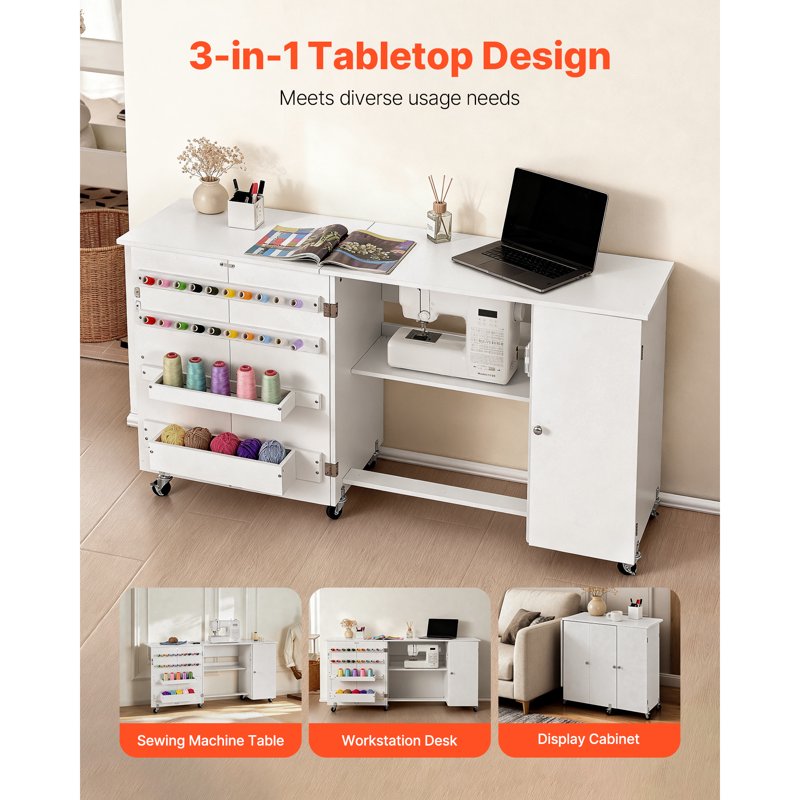 Foldable Sewing Table with Storage Cabinet and Wheels - Craft Workspace