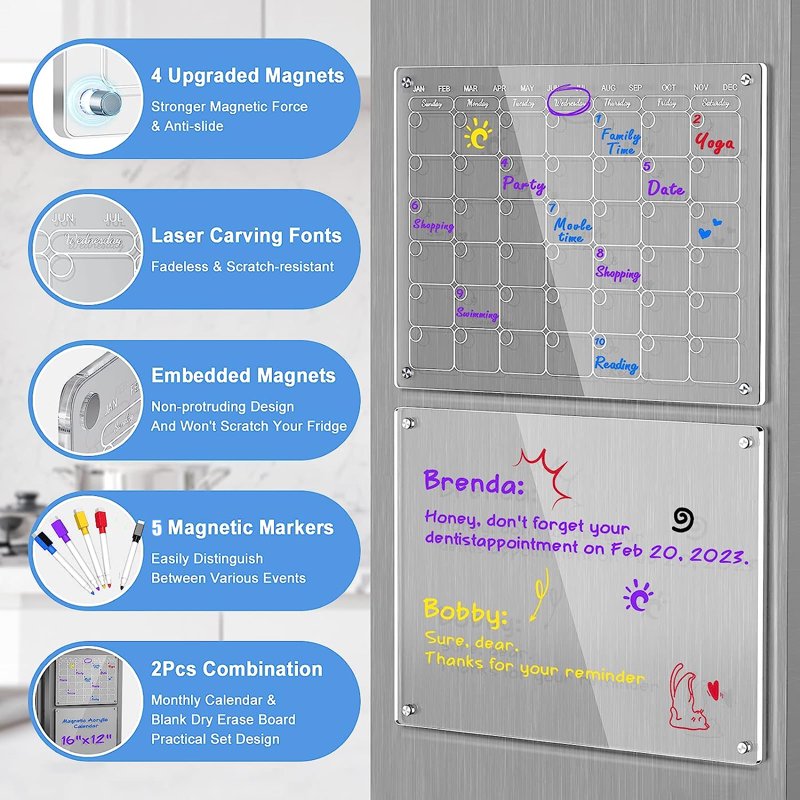 Magnetic Acrylic Calendar for Fridge Set with 5 Markers - Clear Dry Erase Planning Boards