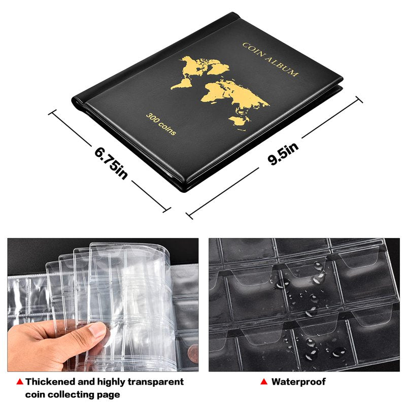 Coin Collection Book Holder Album with 300 Pockets for Collectors - Black/Blue