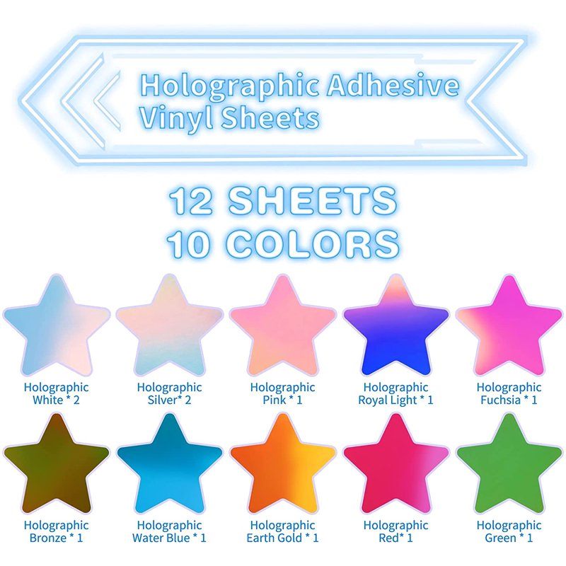 Holographic Vinyl Sheets 12x12 Inch Permanent Adhesive Craft Vinyl Bundle