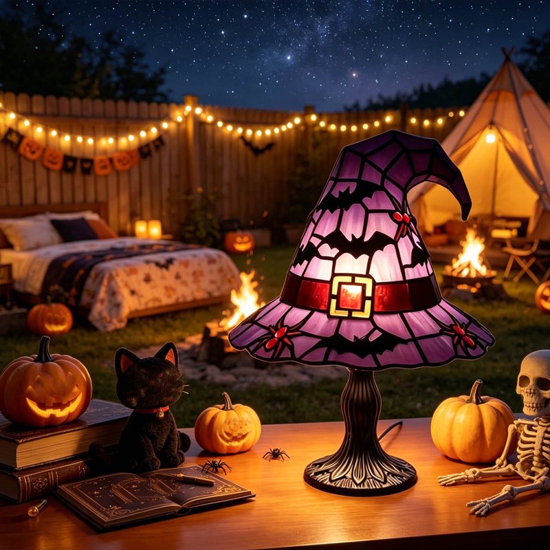 Halloween Witch Hat Stained Glass Lamp, Pumpkin Lantern Accent Light - Multiple Colors