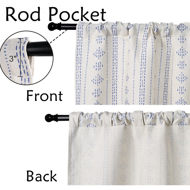 Boho Linen Window Curtains Set - Light Filtering Blue Geometric Stripes, 52x84 Inches, 2 Panels