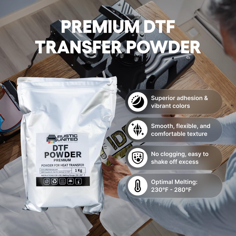 Rustic United DTF Powder 1KG for Vibrant Durable Transfers on All Fabrics