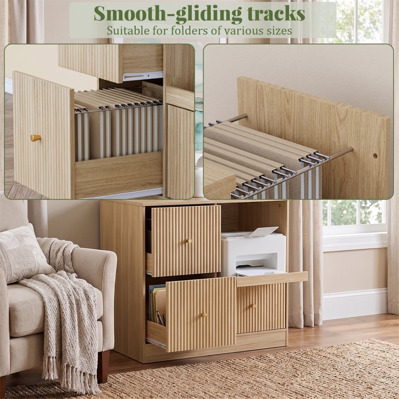 3-Drawer File Cabinet with Charging Station and Pull-Out Printer Stand - Natural Wood Finish