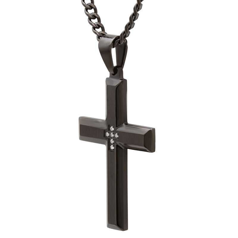 Men's Black IP Stainless Steel Cross Pendant Necklace with Diamond Accent, 24 Inch Chain