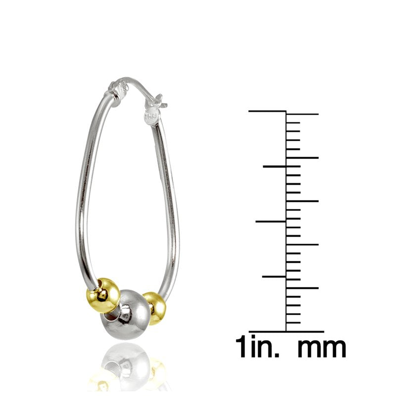 Sterling Silver Two-Tone Beaded Hoop Earrings - 30mm Jewelry for Women & Teens