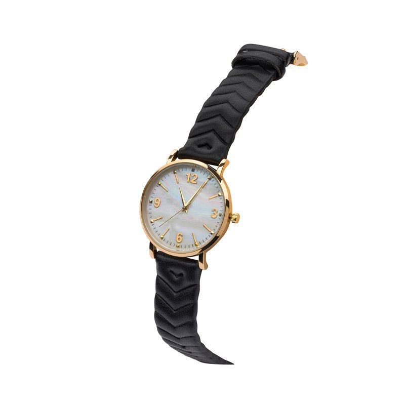 Women's Gold Tone Round Watch with Faux Mother of Pearl Dial and Quilted Strap