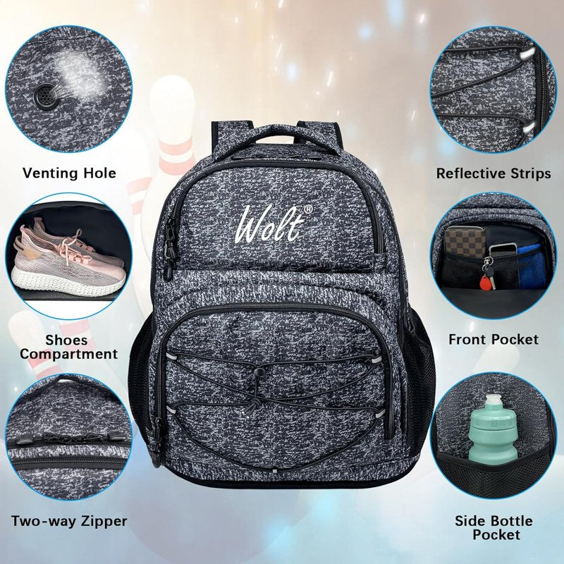 WOLT 2-Ball Bowling Backpack with Protective Foam & Shoe Compartment - HealthyGrey