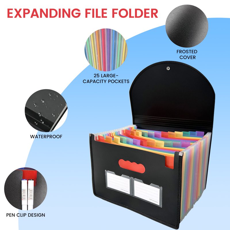 Expanding File Folder with 25 Pockets A-Z Labels Portable Organizers Black