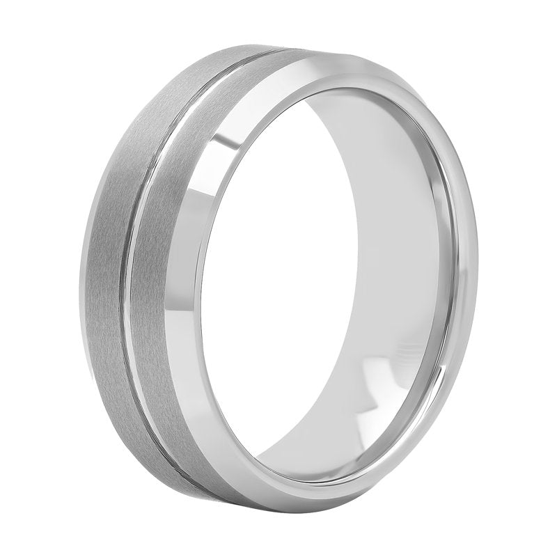 Men's Tungsten 8MM Grooved Comfort Fit Wedding Band - Durable Silver or Black
