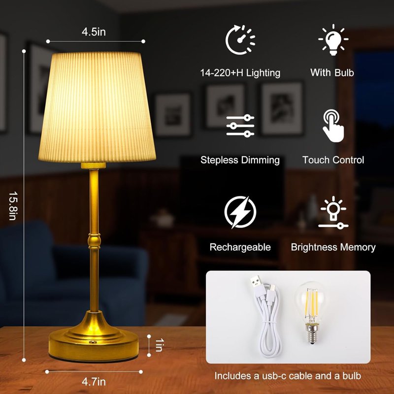 Cordless LED Table Lamp with Touch Dimming, 5200mAh Rechargeable Battery - Gold