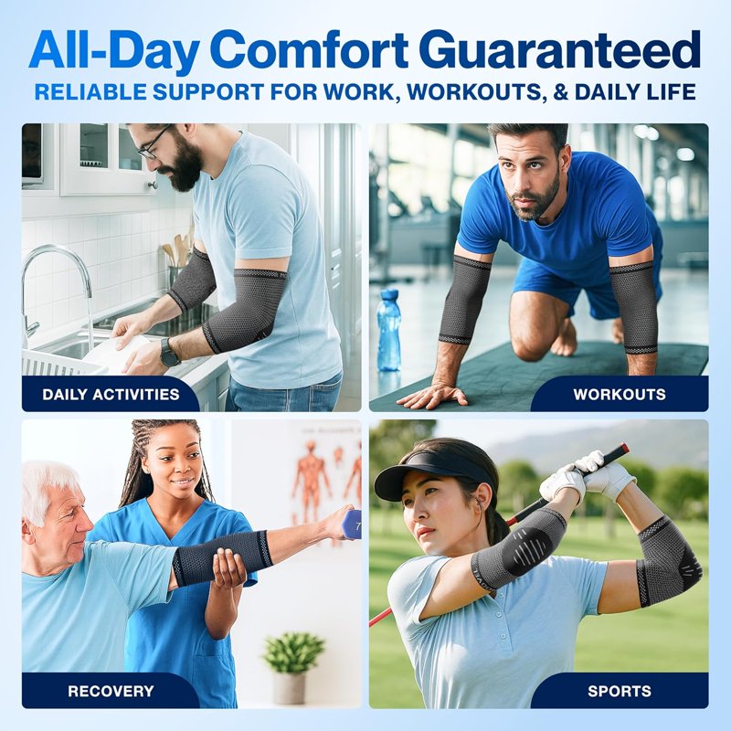 Elbow Support Brace 2 Pack - Breathable Compression Sleeves for Pain Relief and Stability