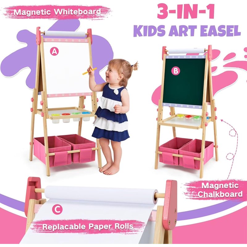 Kids Art Easel with Whiteboard & Chalkboard, Adjustable Wooden Dual-Sided Craft Station