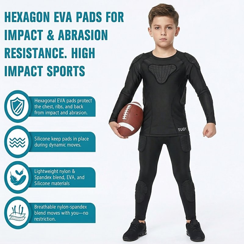 Kids Youth Padded Compression Shirt - Impact-Absorbing Long Sleeve Protective Top