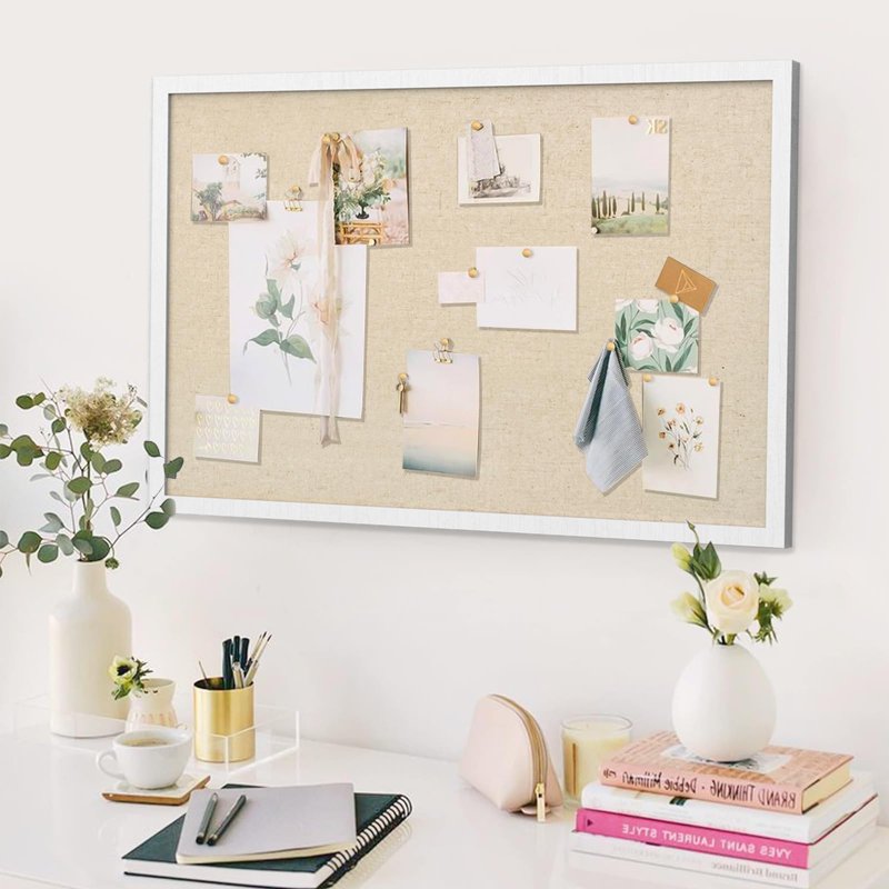 Large Wooden Bulletin Board 30x20 Inch Linen Surface Wall Decor with Pins