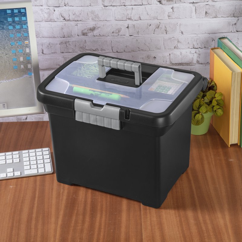 Portable File Box with Handle & Divided Lid for Letter-Sized Documents - Black