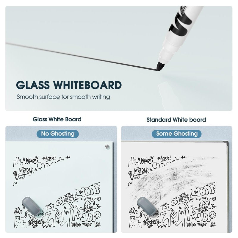 Magnetic Glass Whiteboard 36x24 Inch Frameless Dry Erase Board Office Home