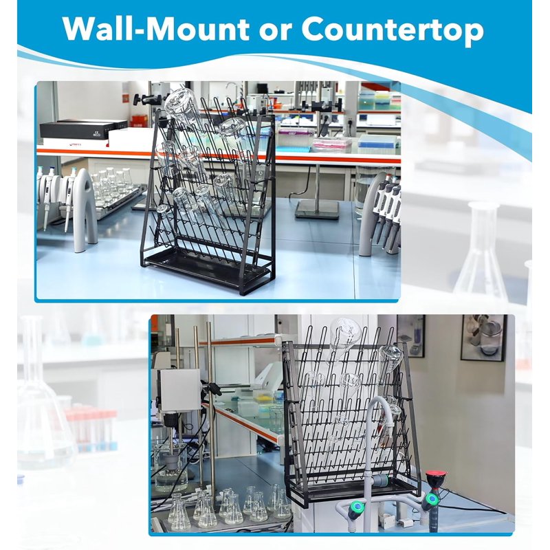 Lab Glassware Drying Rack Wall Mount & Countertop Steel Wire Holds 83 Items