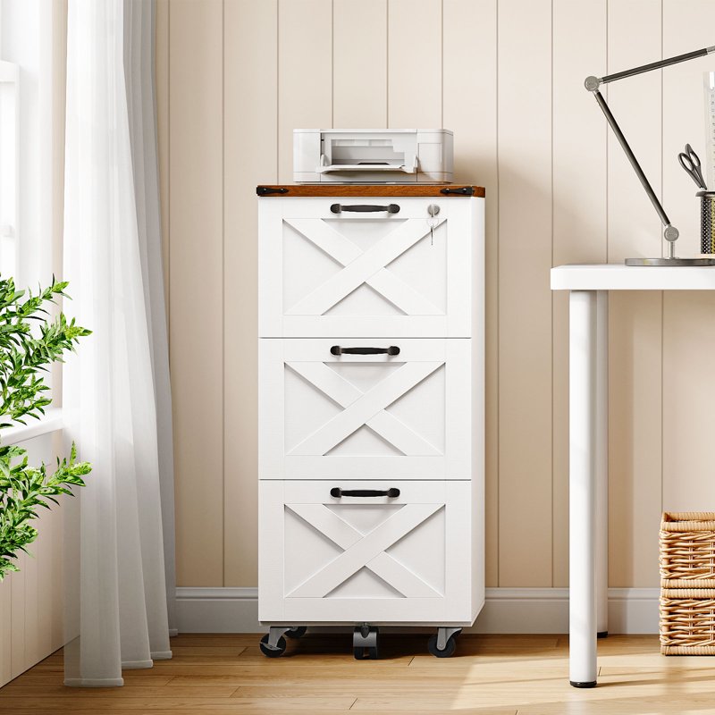 Farmhouse Mobile File Cabinet with Lock & Printer Stand - White & Walnut