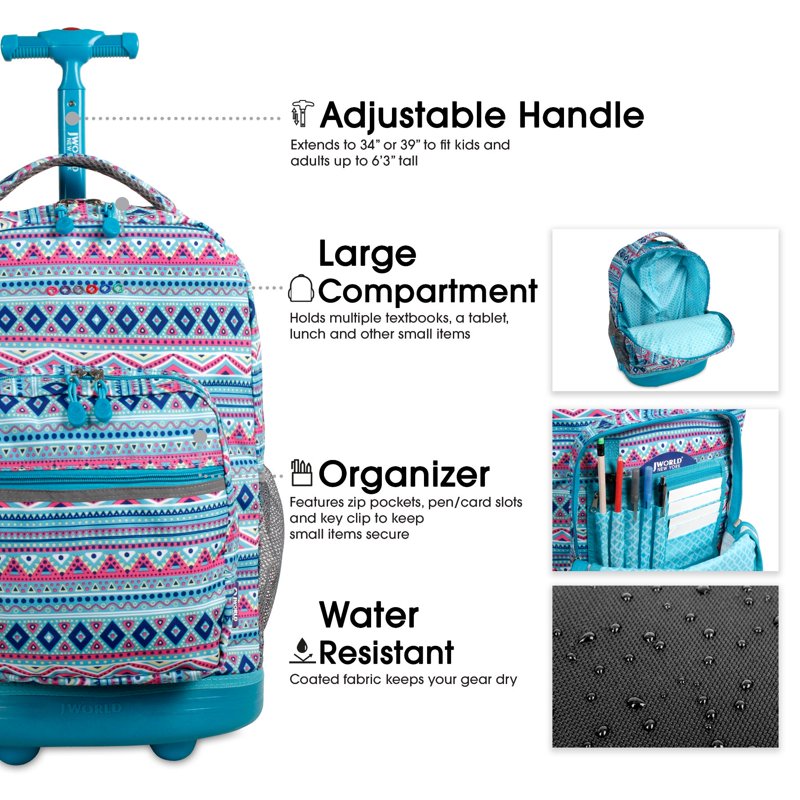Girls 18-Inch Rolling Backpack for School and Travel - Mint Tribal Pattern