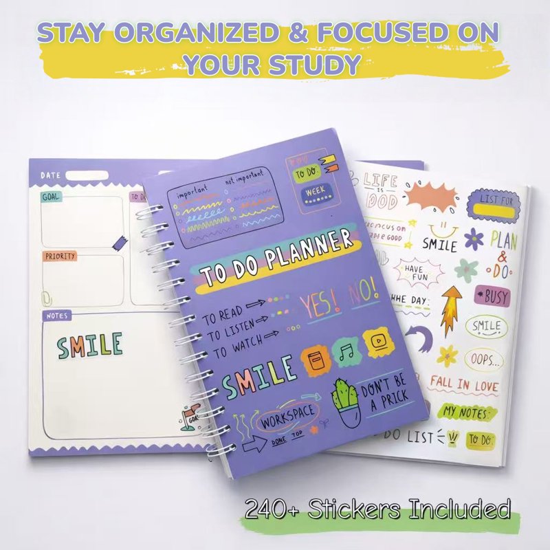 Aesthetic To Do Notebook with Stickers - Undated Daily Planner for Students