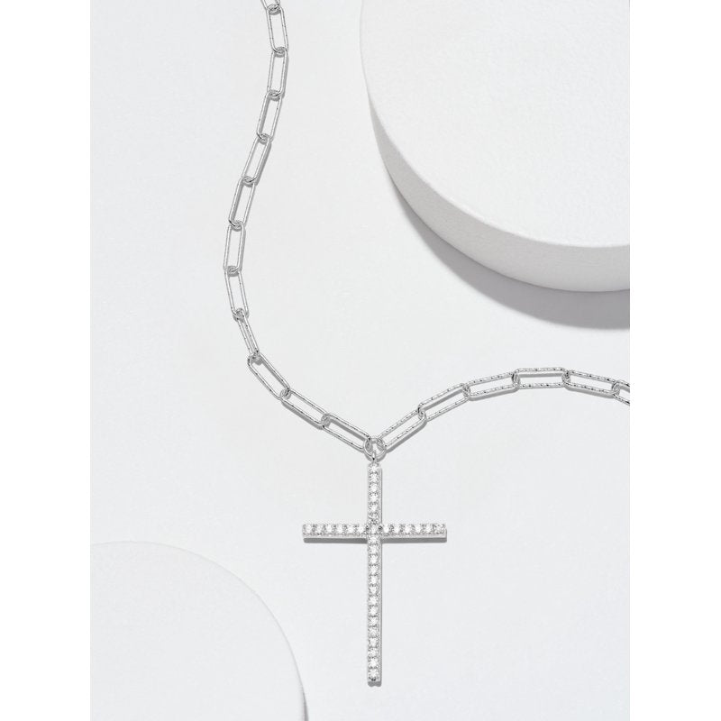 Sterling Silver Paperclip Necklace with CZ Cross, 18" + 2" Extender