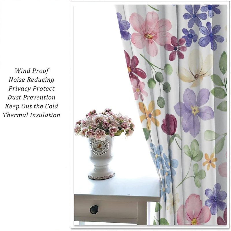 Floral Window Curtains Set - Rustic Flower Watercolor Pattern for Living Room & Bedroom