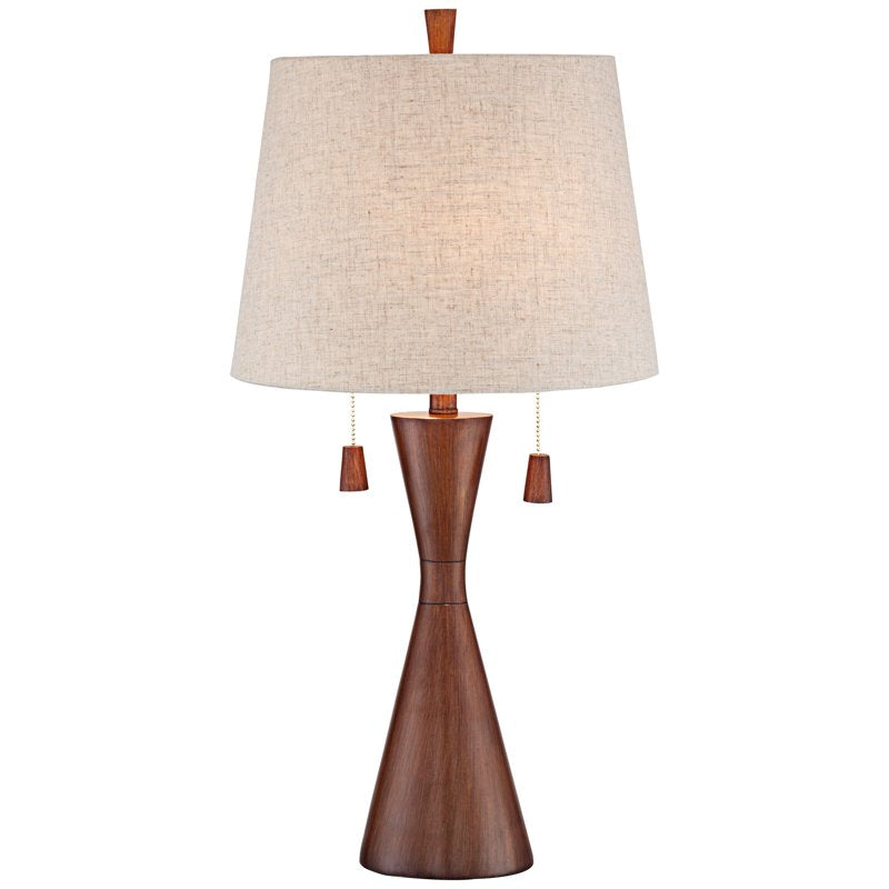 Modern Table Lamp 28.75in Warm Brown Wood & Oatmeal Fabric Shade for Bedroom & Living Room