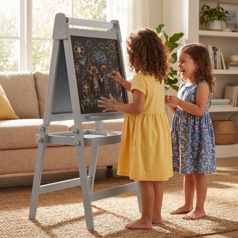 Kids Art Easel with Double-Sided Blackboard & Whiteboard, Adjustable & Foldable