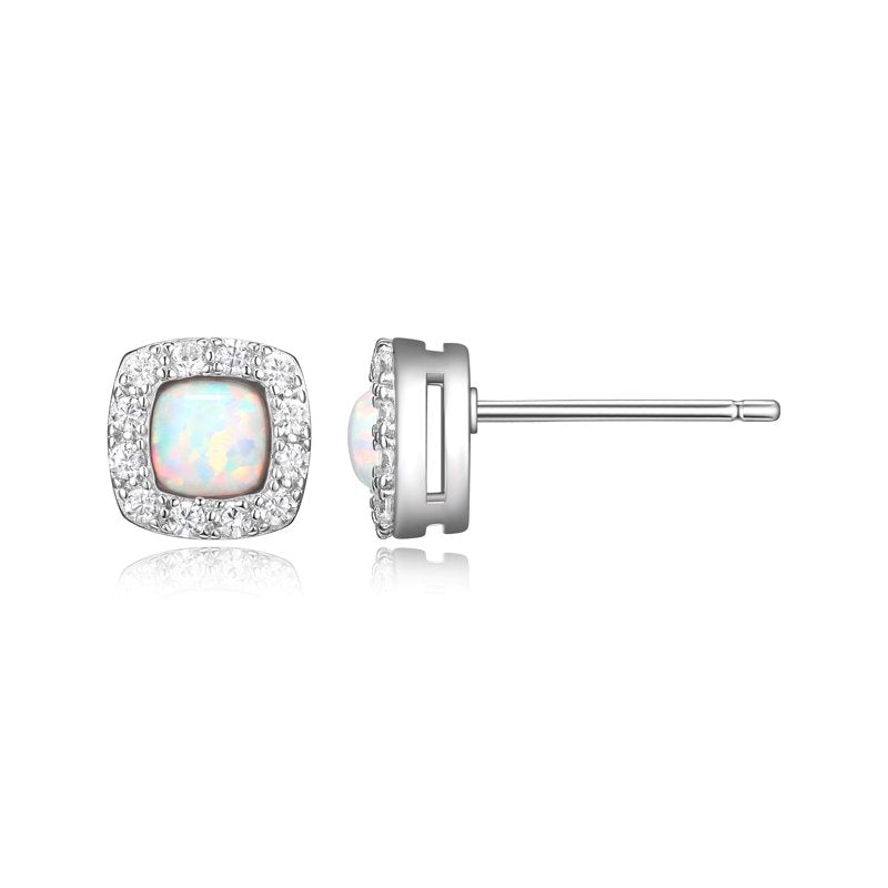 Women's Sterling Silver Created Opal and CZ Stud Earrings - Platinum Finish