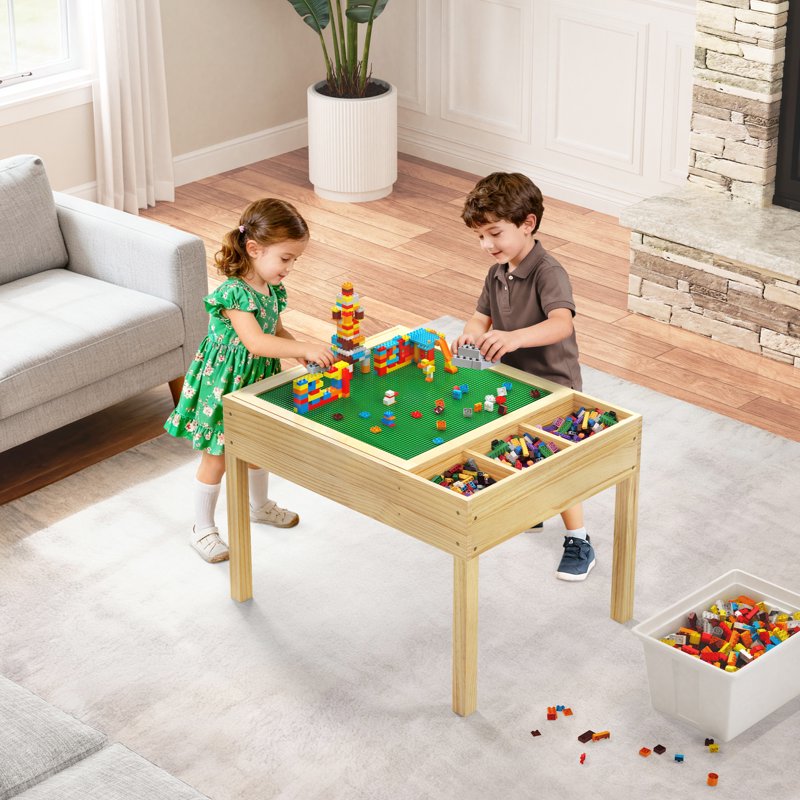 3-in-1 Kids Activity Table with LED Light, Building & Art Station, Storage