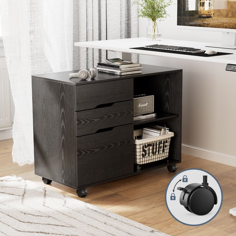 3-Drawer Mobile File Cabinet with Open Shelves and Wheels for Office Storage