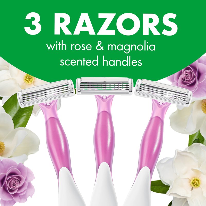 Disposable Razors for Women with 3 Blades & Rose Magnolia Scented Handles - 3 Pack