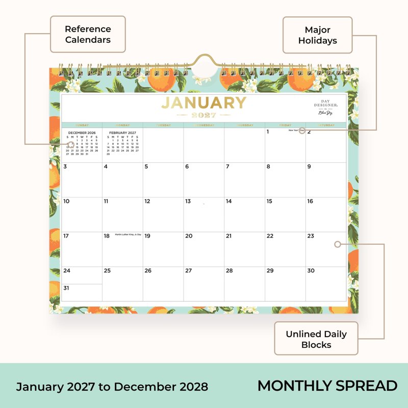 Blue Sky 2027-2028 Wall Calendar - 24 Months Monthly Planner, 11x8.75"