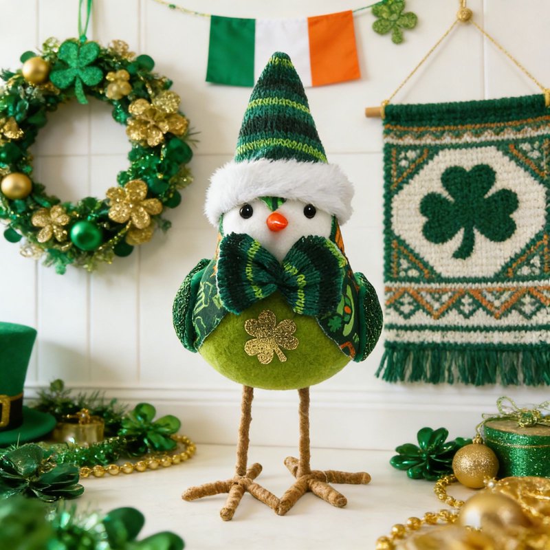 St Patrick's Day Bird Decorations Fabric Figurine with Leprechaun Hats and Shamrocks