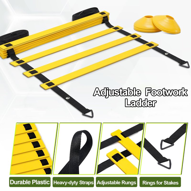 Speed Agility Training Kit: 20ft Adjustable Ladder, 12 Disc Cones, Stakes, Parachute