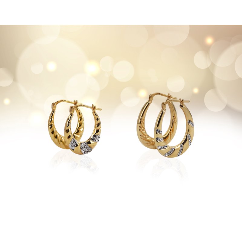 Gold Plated Sterling Silver Hoop Earrings Set with Austrian Crystals - 2 Pairs