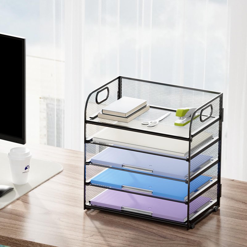 Multi-Layer Mesh Desktop File Organizer with Handles - Office Paper Storage Rack