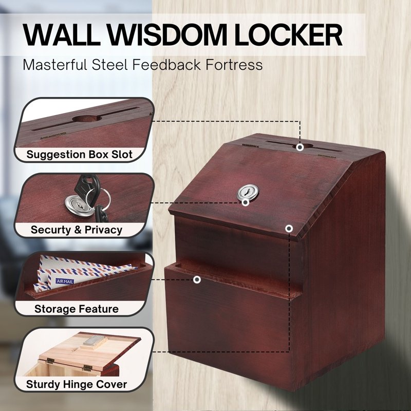 Lockable Wooden Suggestion Box with Key Lock - Wall Mount or Free Standing, Red Mahogany