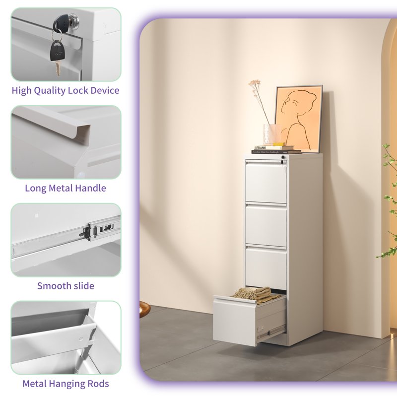 4-Drawer Metal Vertical File Cabinet with Lock for Office & Home Steel Storage