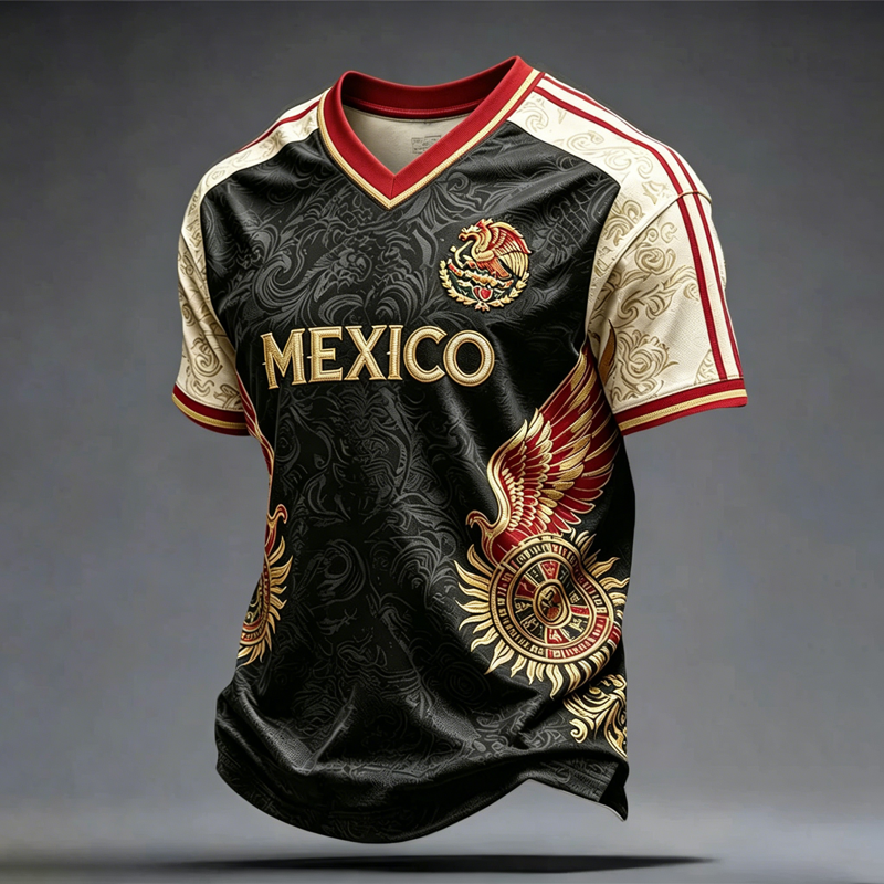LNZGNM 2026 Mexico Soccer Jersey – Men's V-Neck Short Sleeve Fan Shirt, Black, Size L