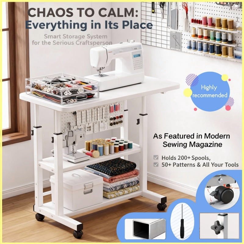 Adjustable Height Craft Table with Storage and Silent Wheels for Sewing & Knitting