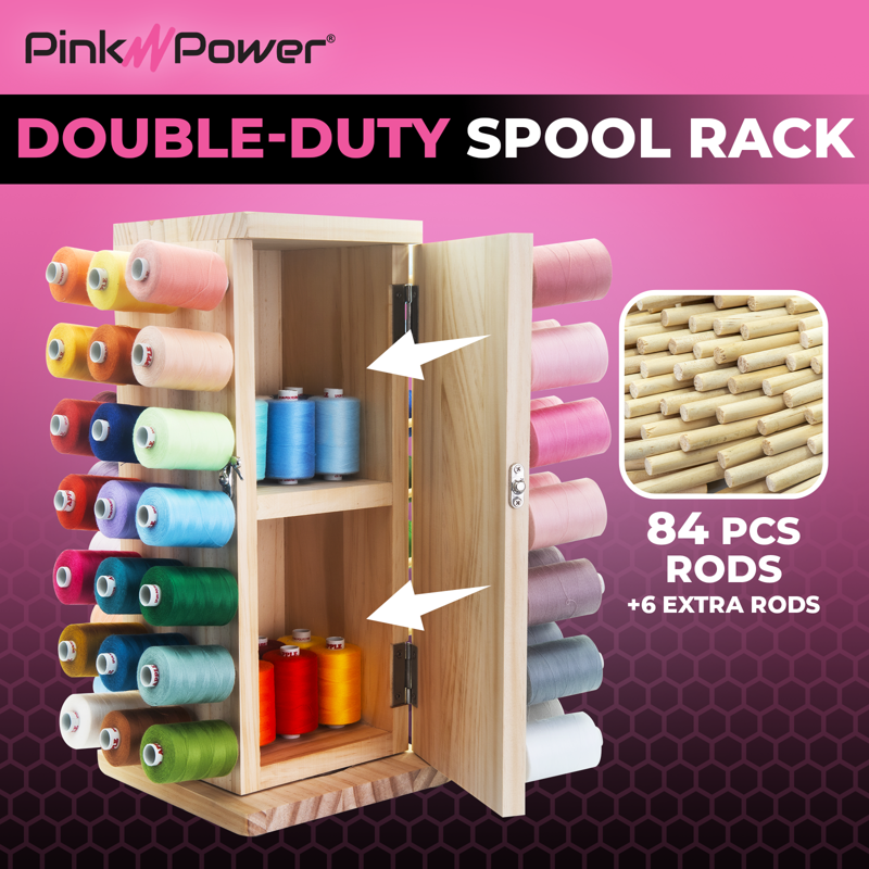 Wooden Thread Spool Organizer with 84 Rods & 360° Rotation - Sewing Accessories Stand