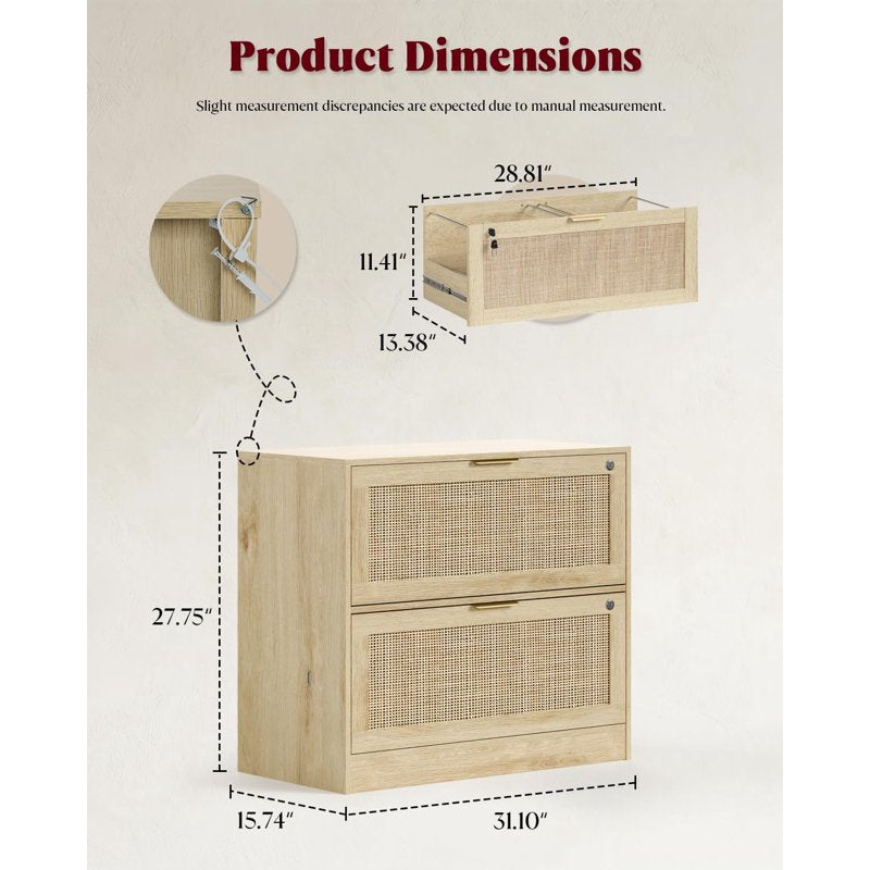 2-Drawer Locking File Cabinet with Rattan Front - Office Storage & Printer Stand