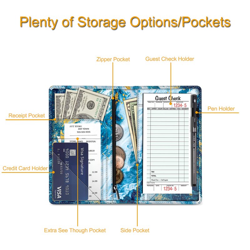 Server Book Organizer with Zipper Pocket and Pen Holder - PU Leather Restaurant Check Presenter for Waitstaff