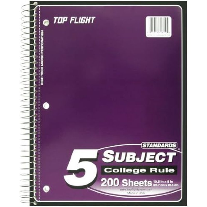 5 Subject College Ruled Notebook with 200 Sheets - Spiral Bound, Assorted Colors, 10.5x8 Inches