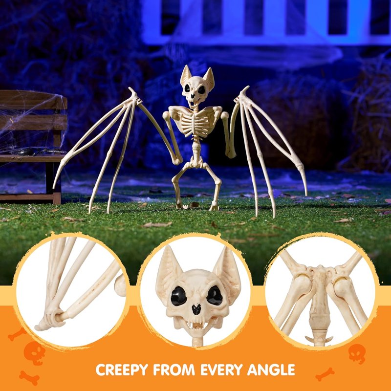 Joyfy 11in Bat Skeleton Halloween Decoration - Posable Plastic Animal for Indoor & Outdoor